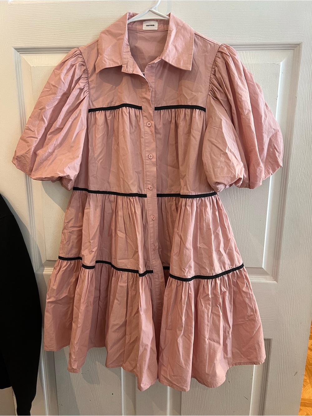 AUREUM Pink Puff Sleeve Tiered Shirt Dress with Black Trim
